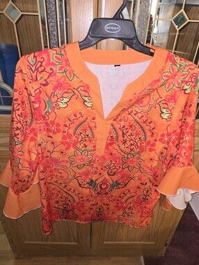 Women’s Orange Floral Split-Neck Ruffle Sleeve Top